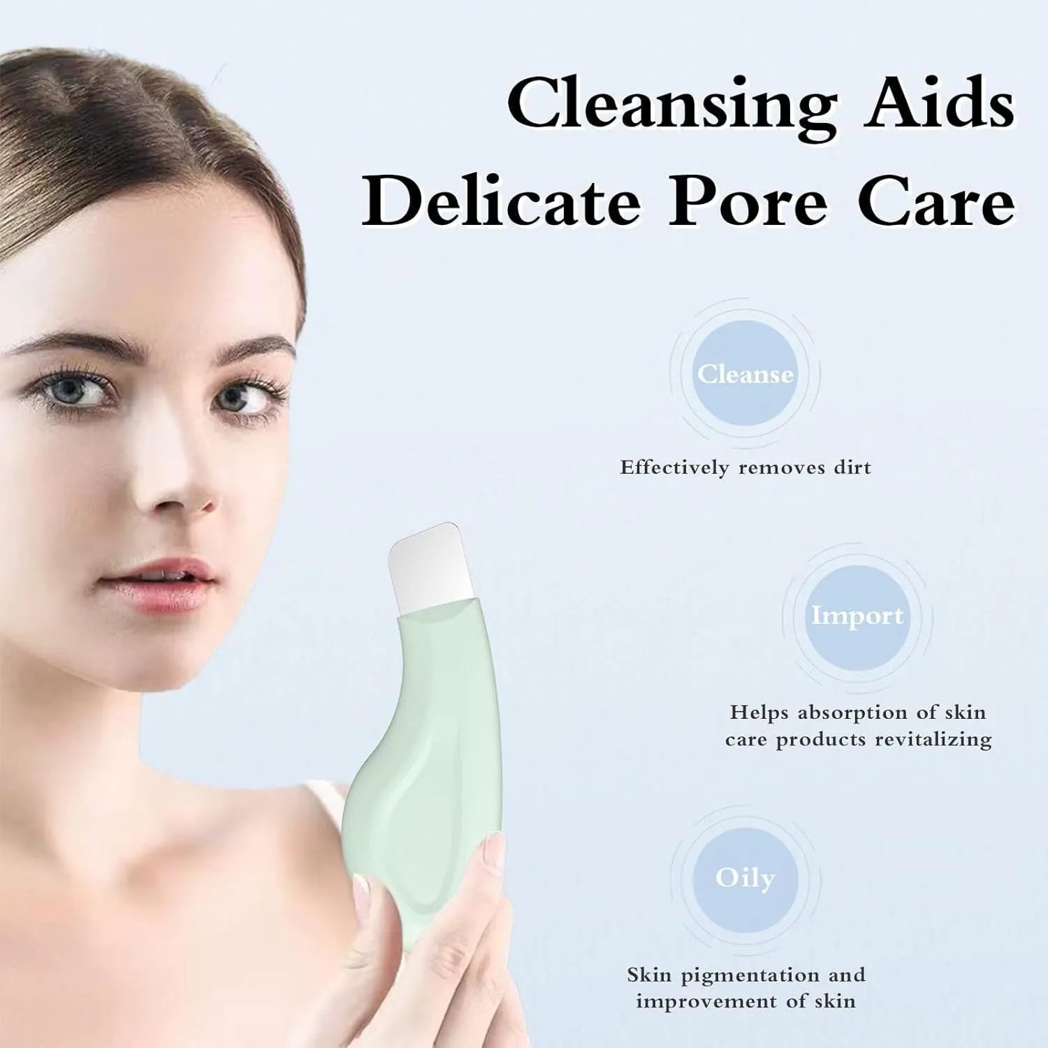 Green stainless steel facial pore scraper tool with a non-slip handle.