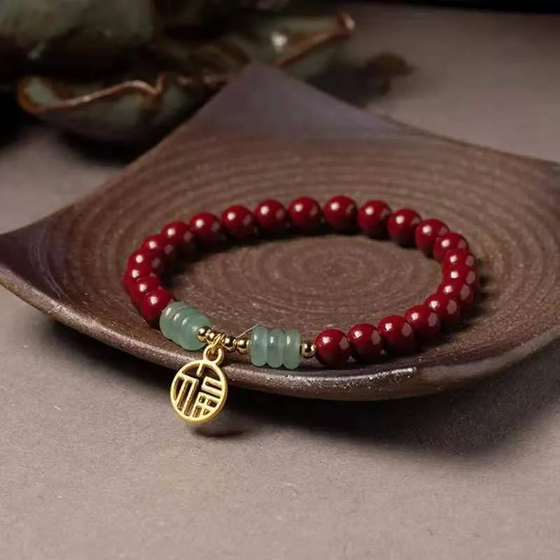 Handcrafted cinnabar bracelet with copper beads in wave design, national style unisex accessory