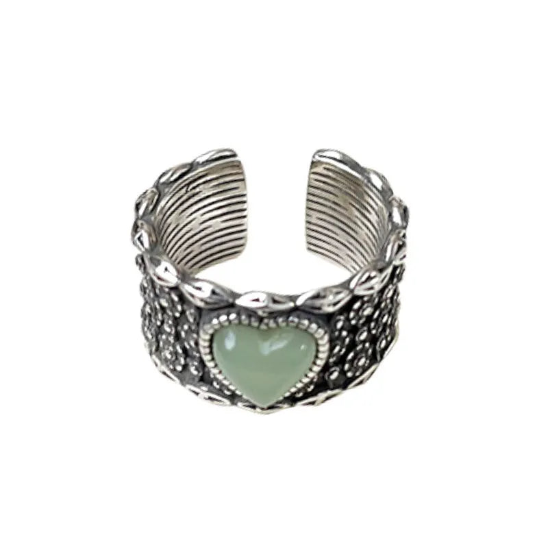 Adjustable opening heart ring in retro wide-faced moonlight style with white copper plated silver construction