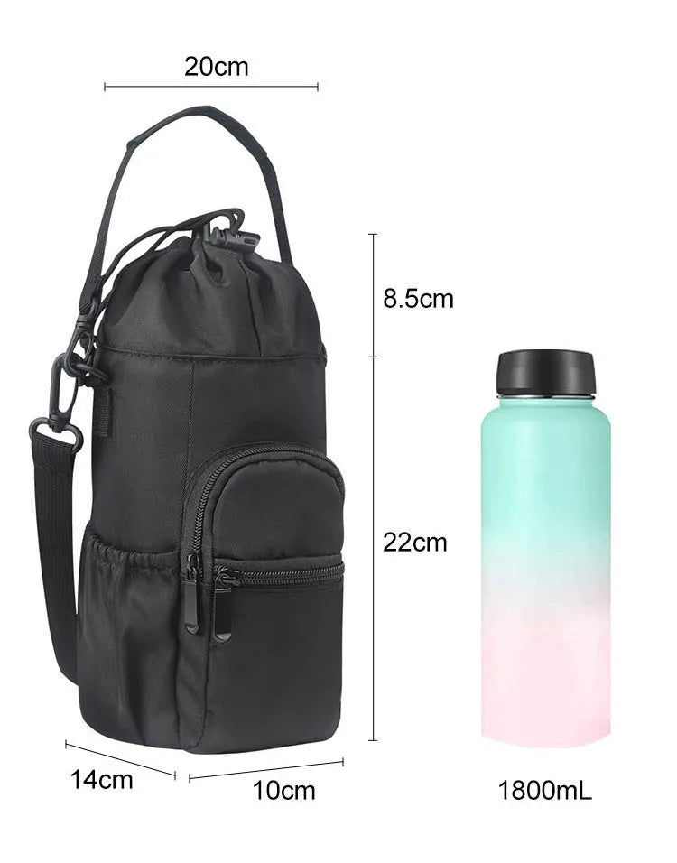 Cloth water bottle pouch crossbody bag in black, green, or pink colours with an adjustable strap.
