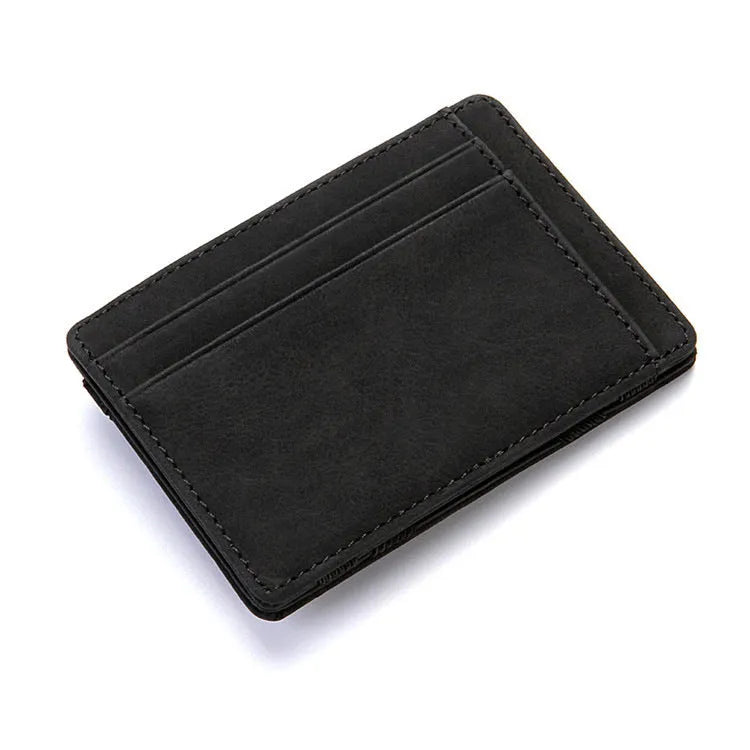 PU leather RFID blocking magic wallet in a solid colour, shown open to reveal card slots and a zippered coin pouch.