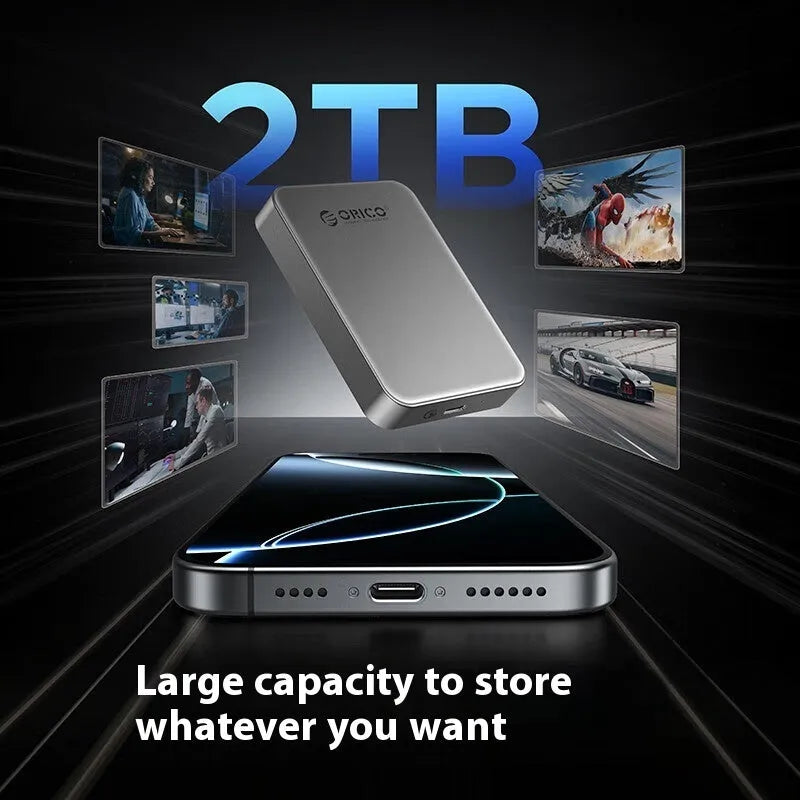 Grey aluminium alloy magnetic mobile SSD with ultra-thin 80x60x11.2mm dimensions