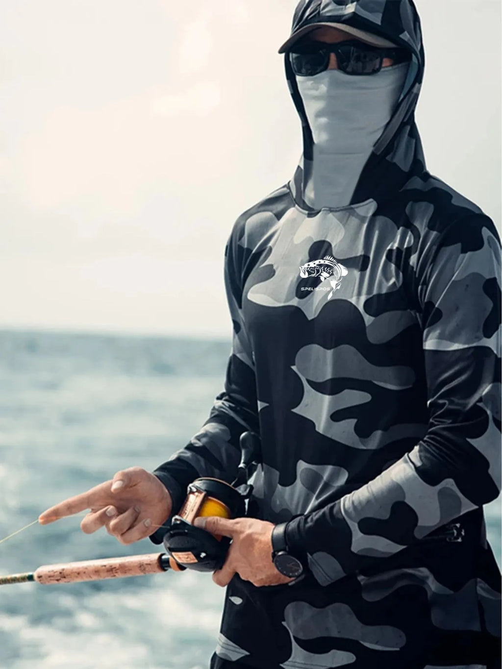 Men's long sleeve fishing hoodie with face mask neck cover in breathable UPF 50 sun protection fabric for sailing and hunting.