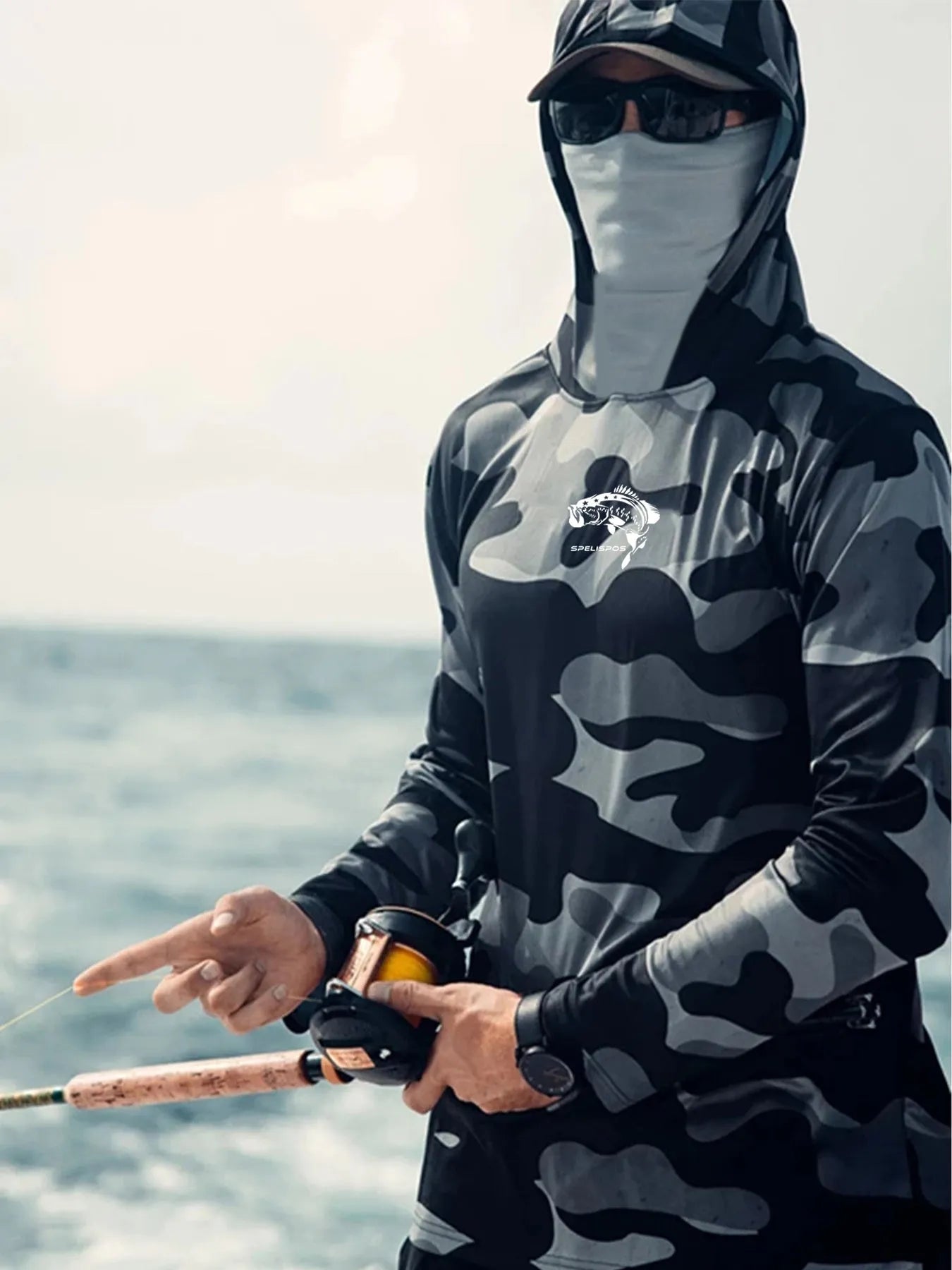 Men's long sleeve fishing hoodie with face mask neck cover in breathable UPF 50 sun protection fabric for sailing and hunting.