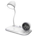 White three-in-one desk lamp with digital clock display and wireless charging surface