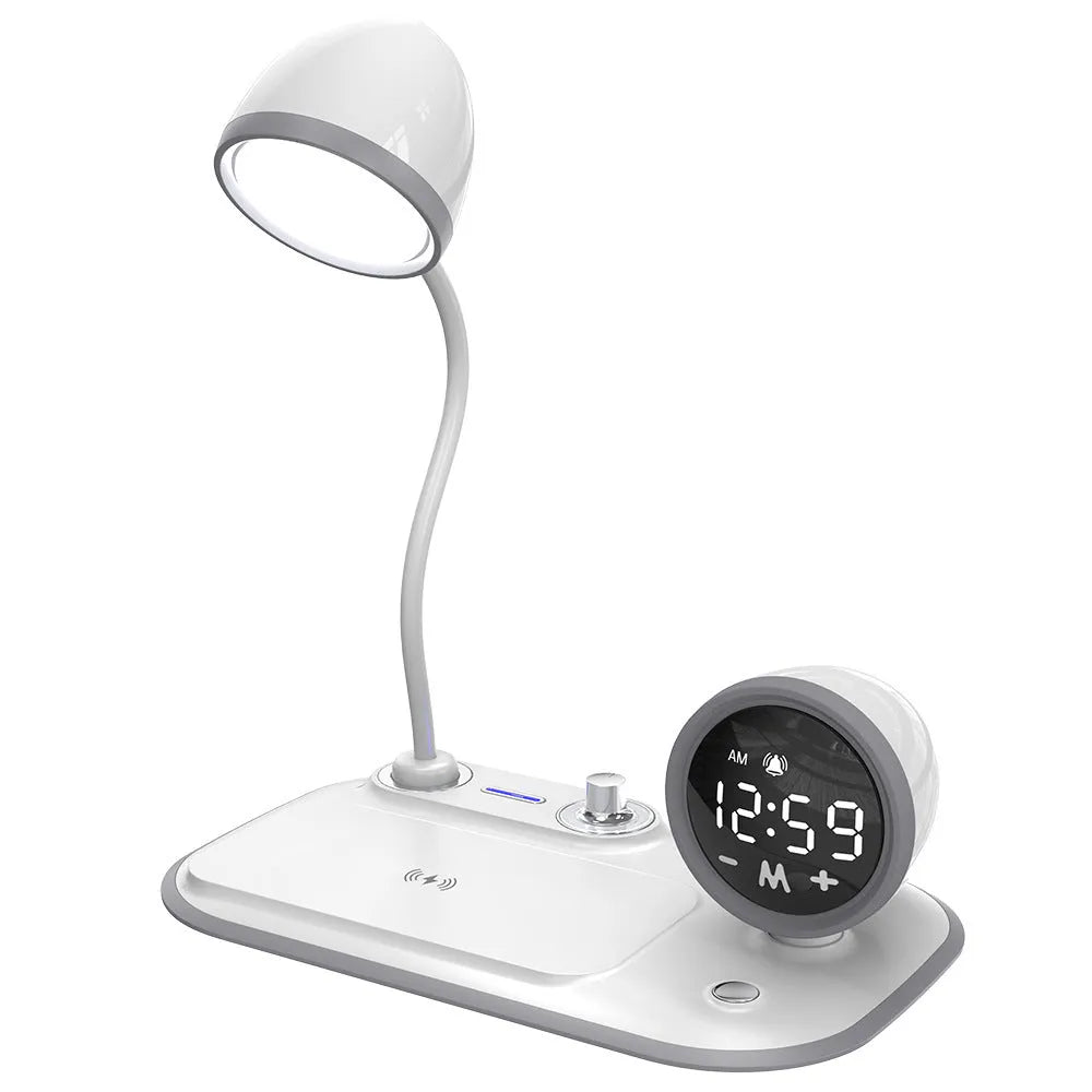 White three-in-one desk lamp with digital clock display and wireless charging surface
