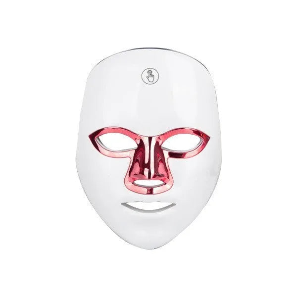 Rechargeable LED beauty mask with touch controls in white and gold colour.