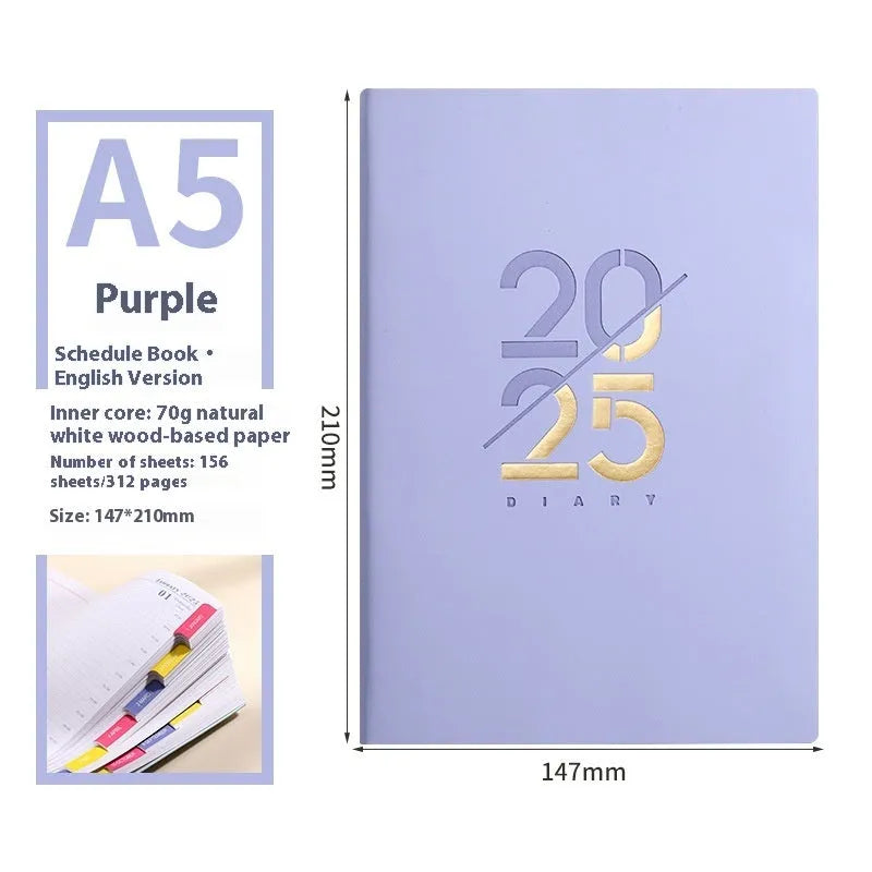 A5 daily planner with soft faux leather cover open to show dot grid pages