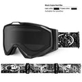 Motorcycle goggles with double-layer anti-fog lenses in a black frame with gray film, shown with its storage cloth bag.