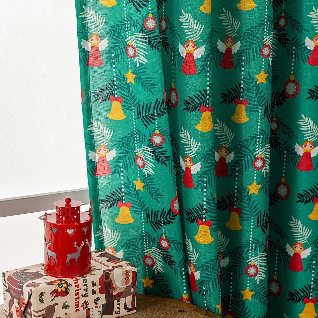 Green Christmas curtain with snowman and angel cartoon print, 1 metre wide