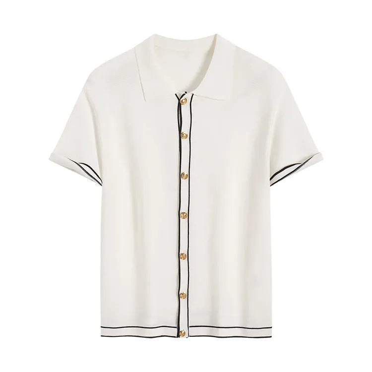 White short sleeve cardigan with dark contrast lapels on a hanger