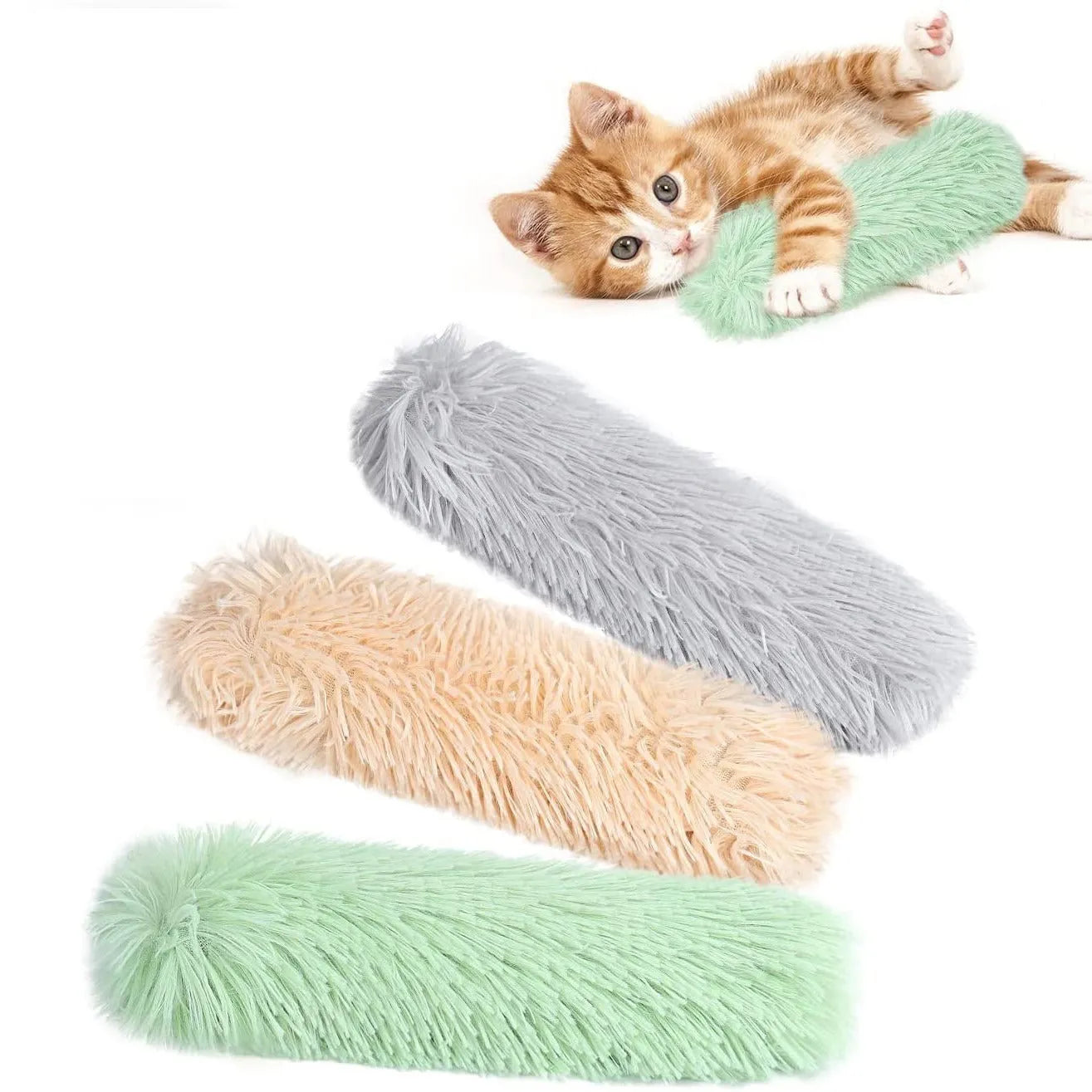 Soft plush cat toy pillow in blue, green, pink, or white, measuring 27cm by 10cm