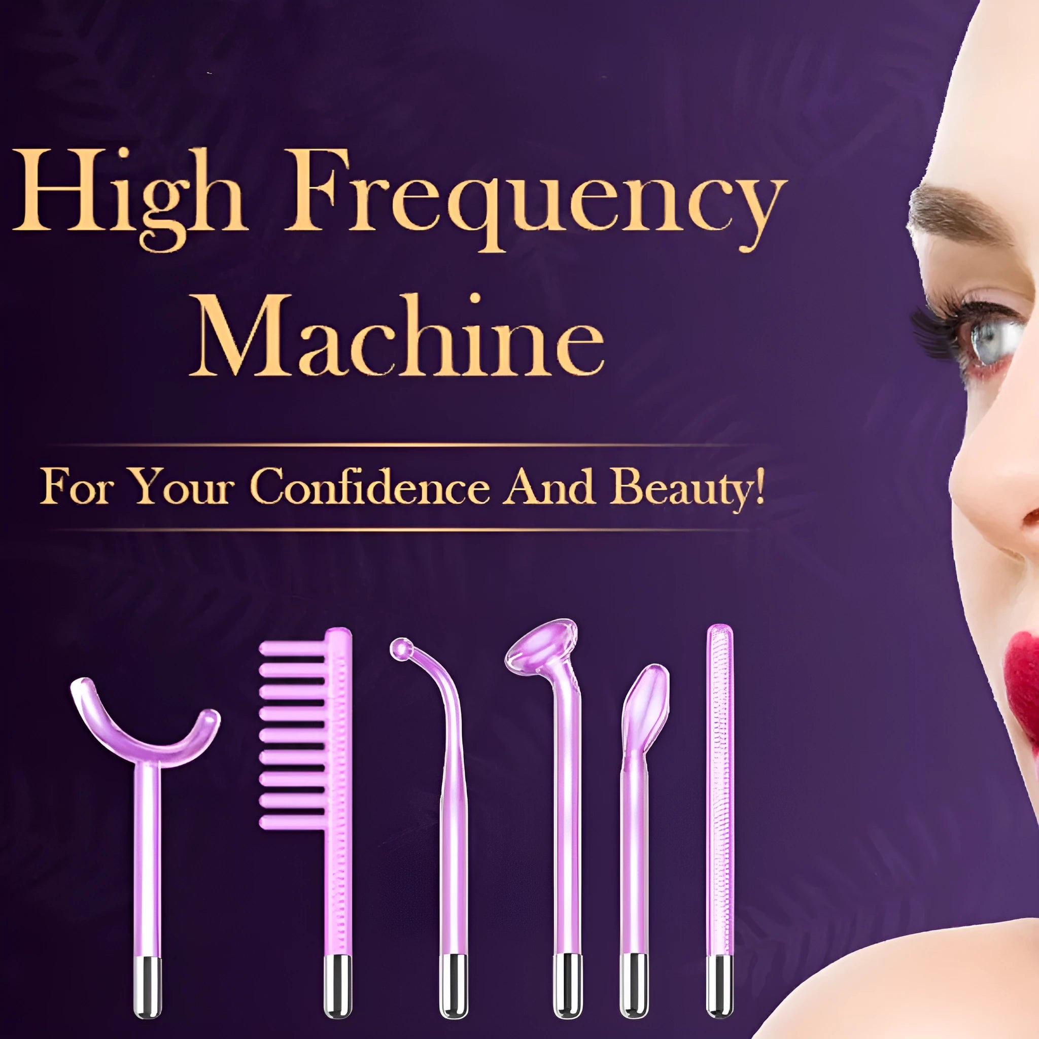 Purple eutic electrotherapy rod beauty instrument with six accessory heads for professional skin treatments