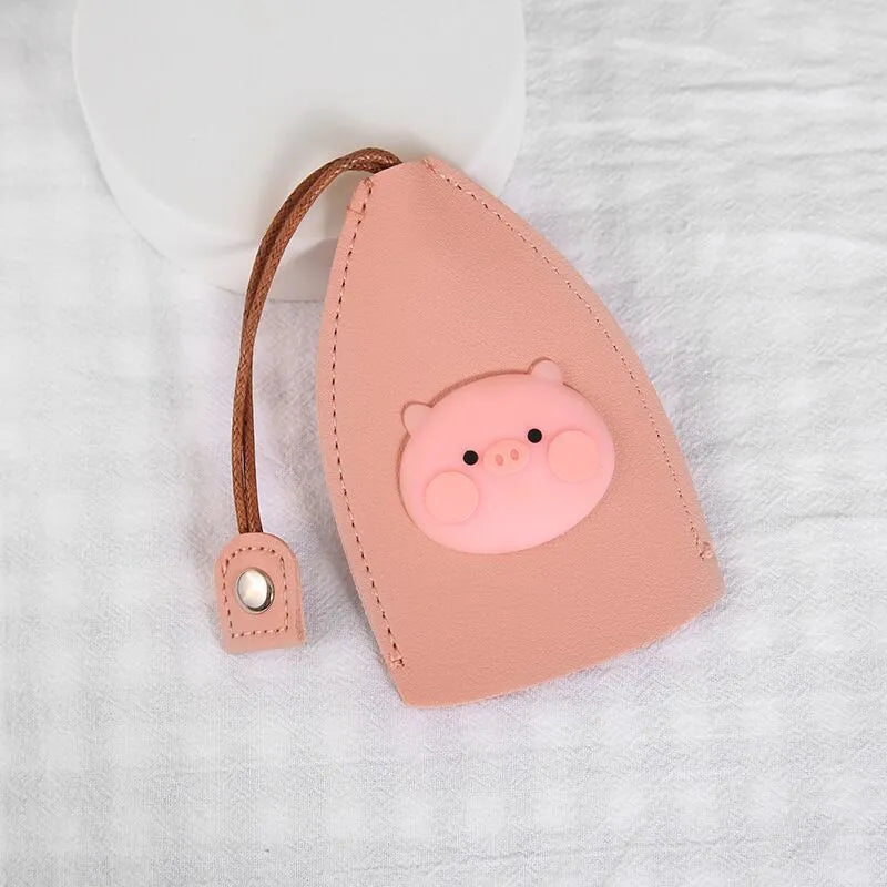 Cartoon-themed PU leather car key case with pull-out mechanism measuring 14x7.5 cm