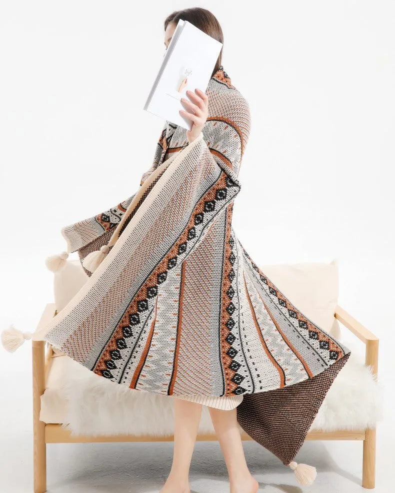 Bohemian-style acrylic sofa cover blanket with tassel fringe in geometric pattern