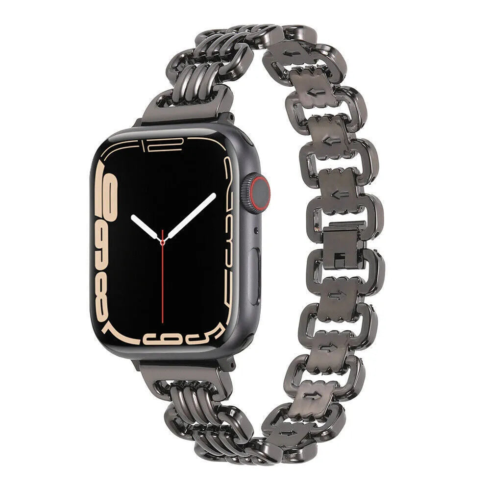 Alloy metal Apple Watch replacement bracelet in silver, black, gold, rose gold, and Starlight colours.