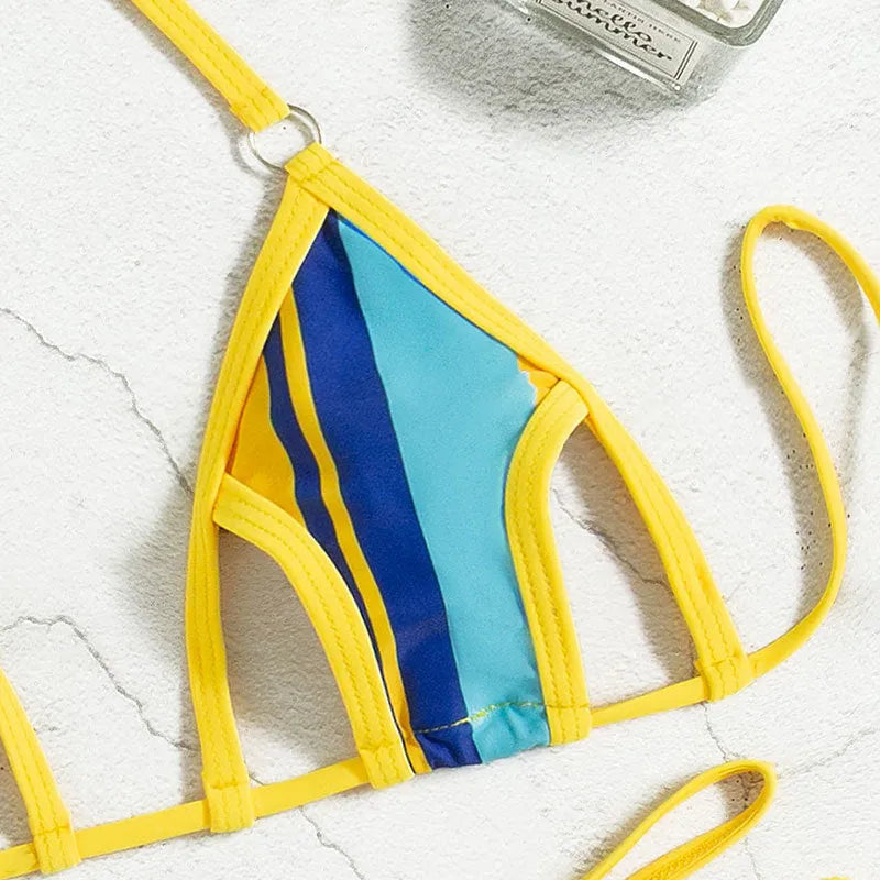 Yellow women's split swimsuit with neck-hanging hollow design and high-waist backless styling
