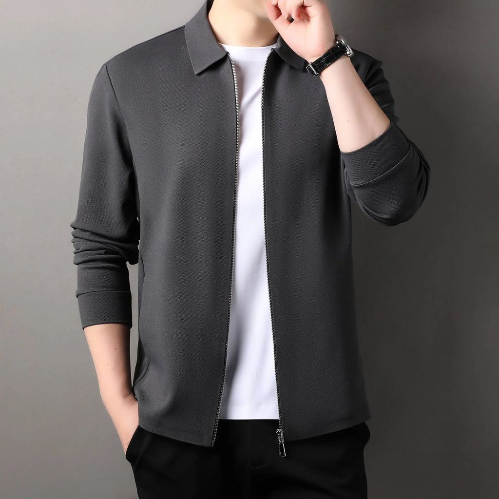 Men's polyester business casual jacket in black colour with straight hem and long sleeves
