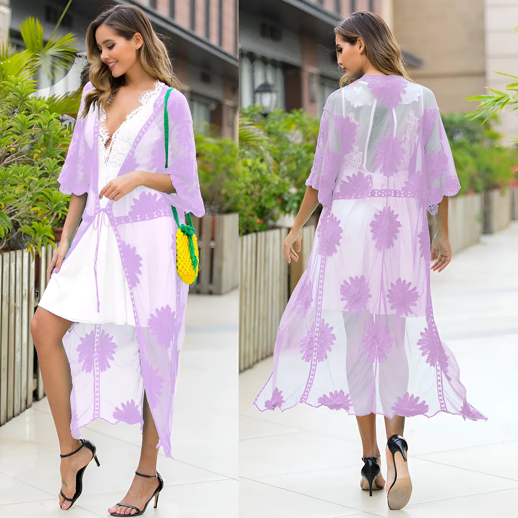 Light purple lace-embroidered beach cover-up dress for women, free size swimwear outerwear