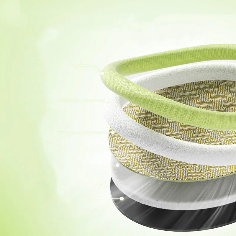 Green large pet bed nest with a raised fruit-shaped backrest for dogs on a wooden floor.