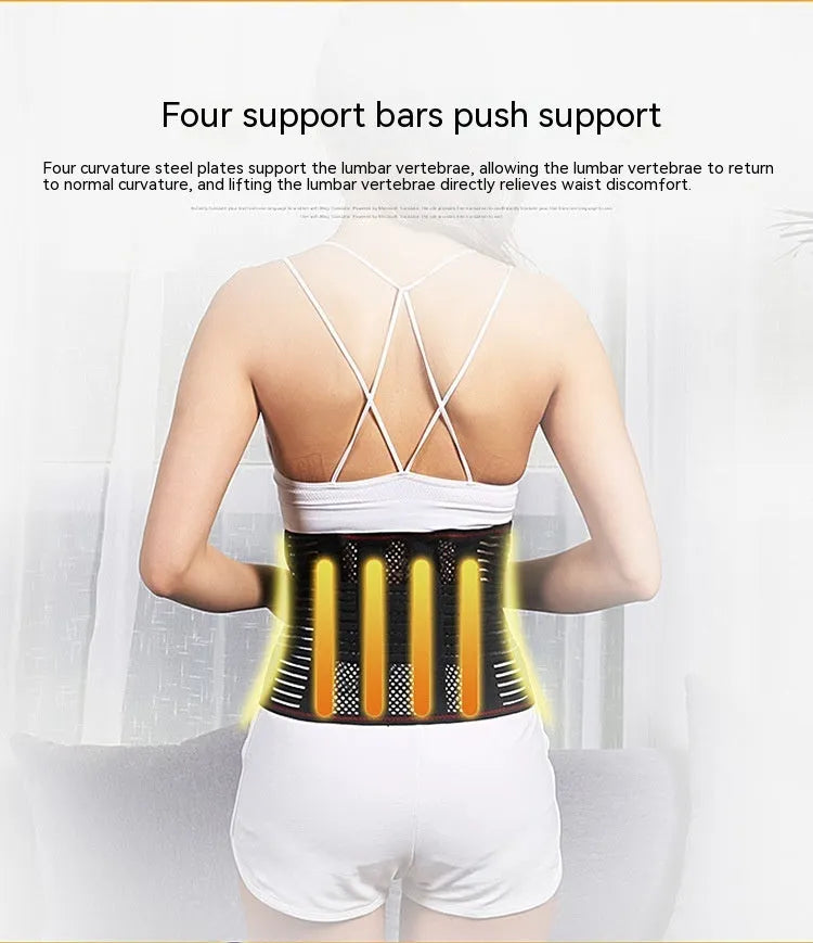 Black decompression sports waist support belt with steel plate insert shown on a model, sizes S to 2XL.