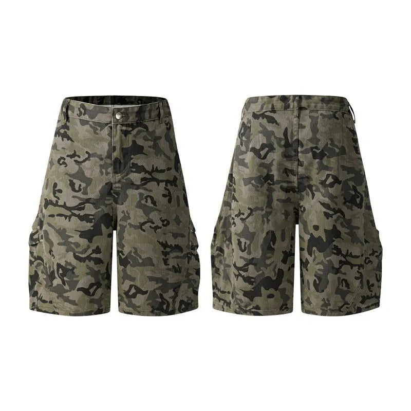 Retro washed cotton workwear shorts in a loose fit, shown in grey, green, camouflage, or blue colour.
