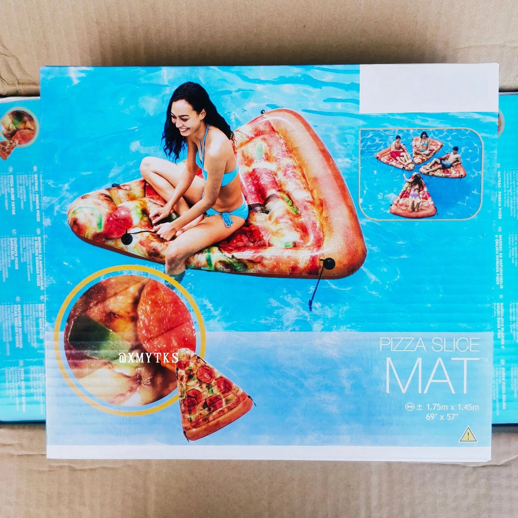 Large inflatable pizza surfboard recliner floating on water with bright multicolour design