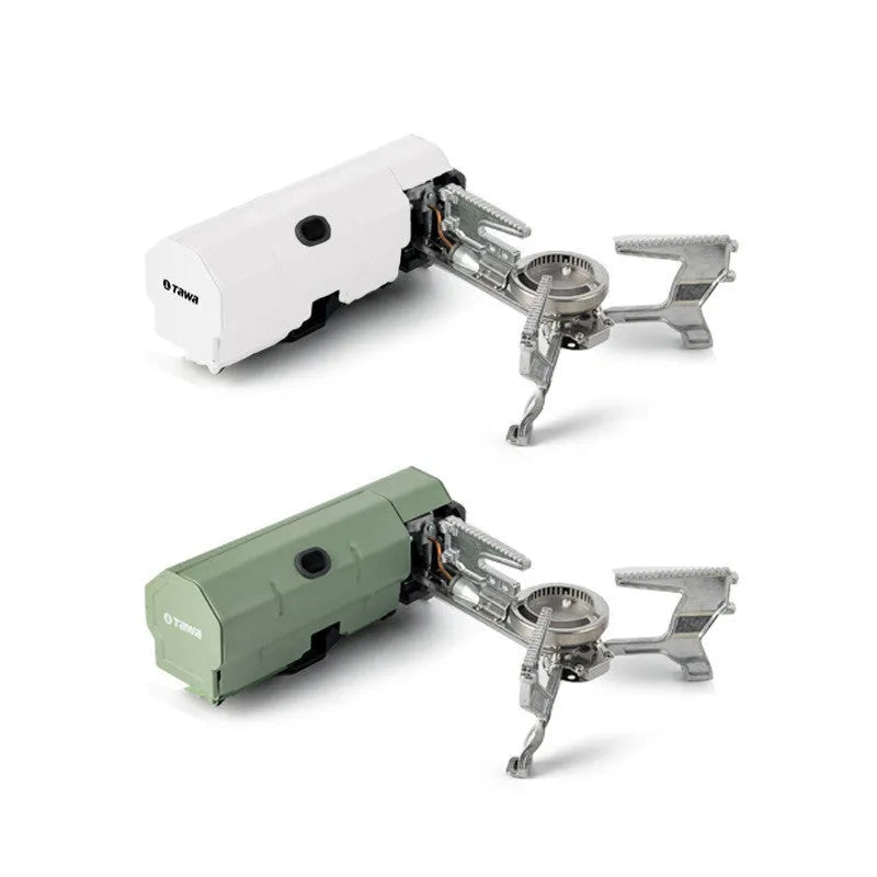 Green portable folding camping gas stove with adjustable valve on a serrated bracket, shown with its storage bag.