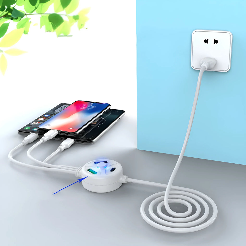 White 3-in-1 mobile charging cable showing USB, Micro USB and TYPE-C connectors with 1.2m length