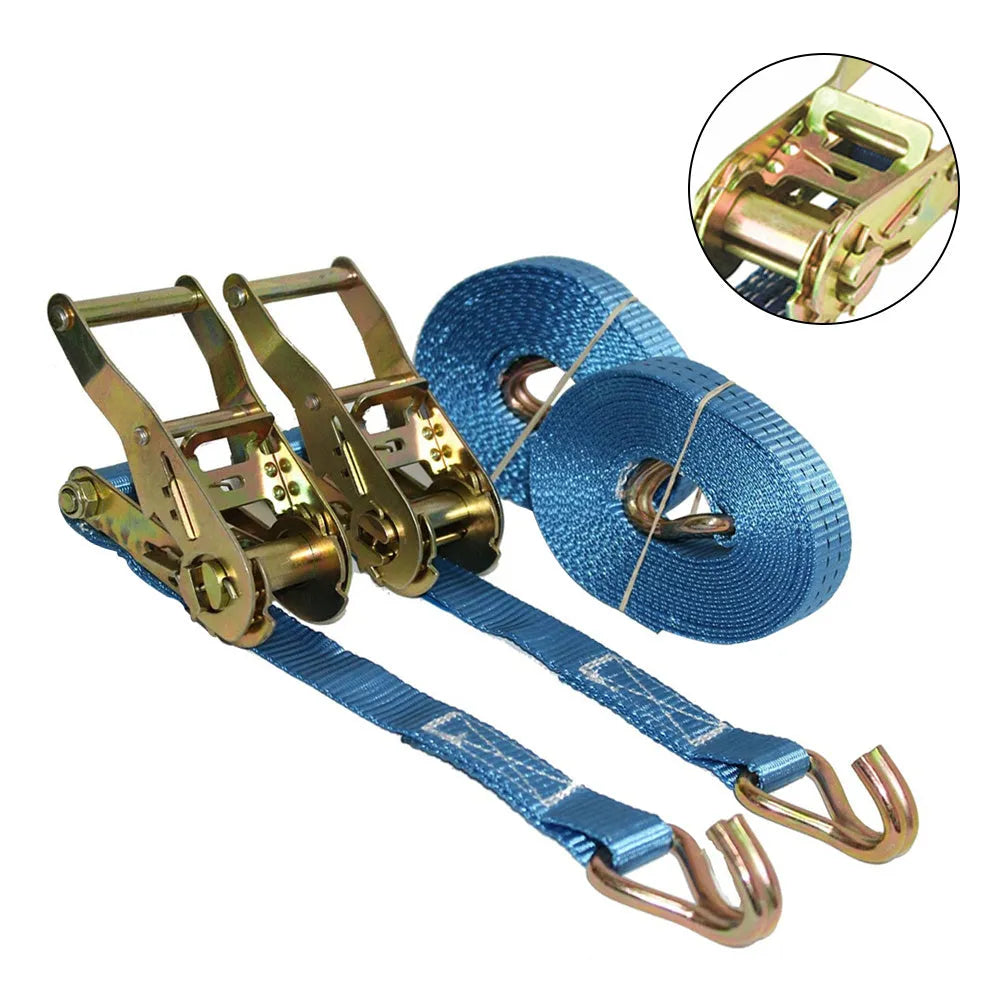 Steel ratchet tensioner fastening strap with double hooks and 1-inch wide grey polyester webbing.
