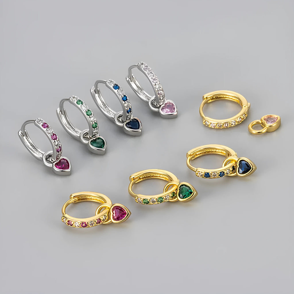 Women's fashion earrings with heart-shaped zircon eardrops in gold and white gold coloured settings