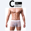 Men's thin quick-drying polyester boxer shorts in black, shown flat.