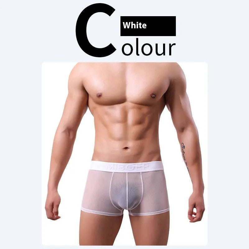 Men's thin quick-drying polyester boxer shorts in black, shown flat.