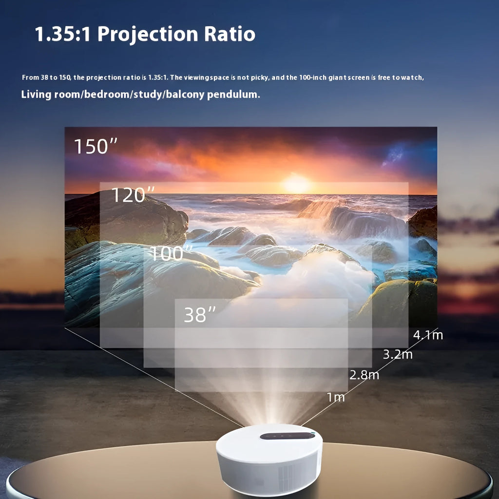 White HD home projector with remote control on a table.