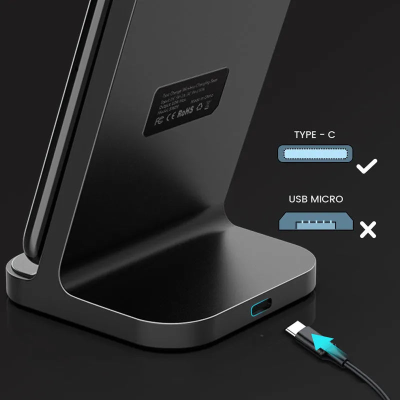 Dark grey vertical wireless charging stand for Apple iPhone on desktop