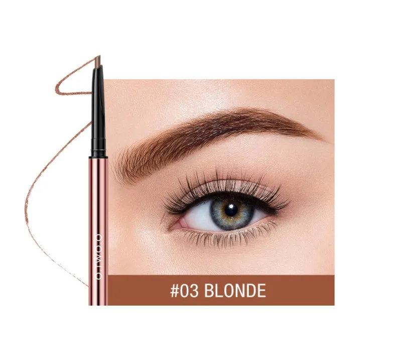 Eye brow make-up pencil in colour box packaging with six shade options shown, tapered tip visible.