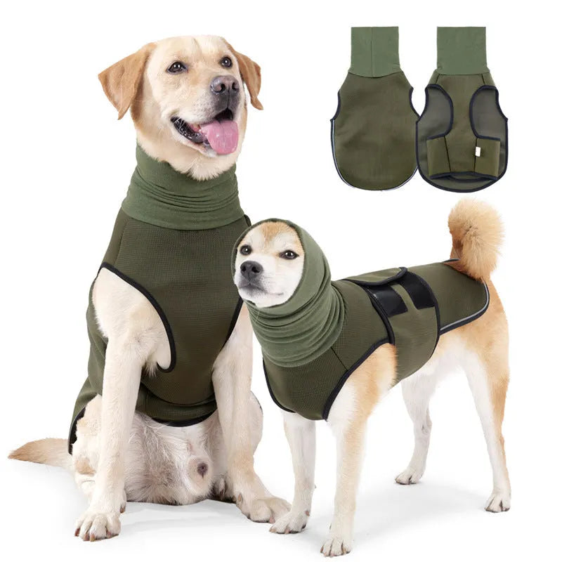 Army green and dark blue polyester dog anxiety jacket in sizes XS to XXXL for stress relief