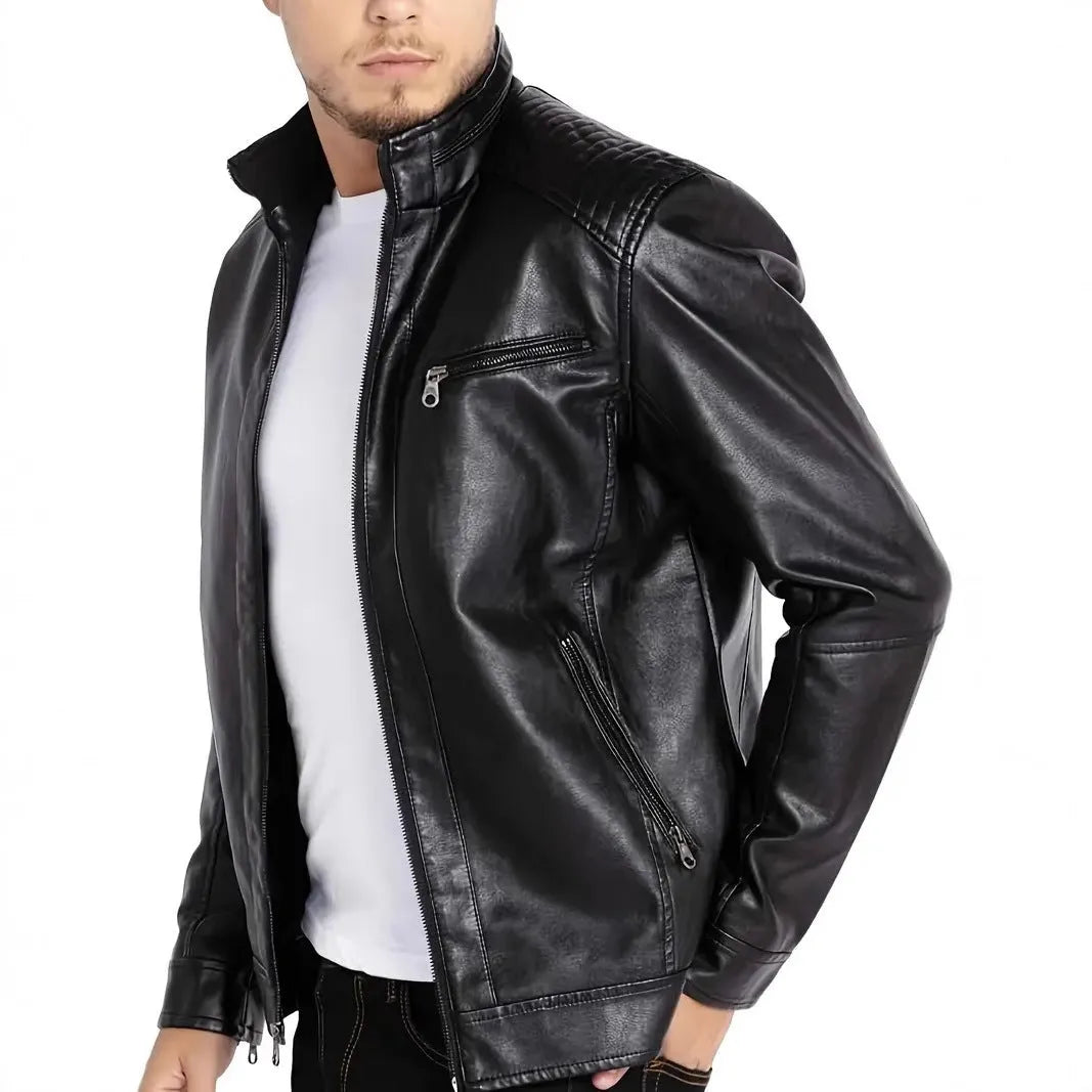 Men's brown artificial leather punk motorcycle jacket with stand collar and patch pockets.
