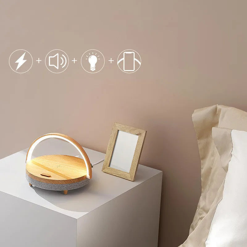 Wireless charging LED night light with Bluetooth speaker and phone holder in marble pattern finish