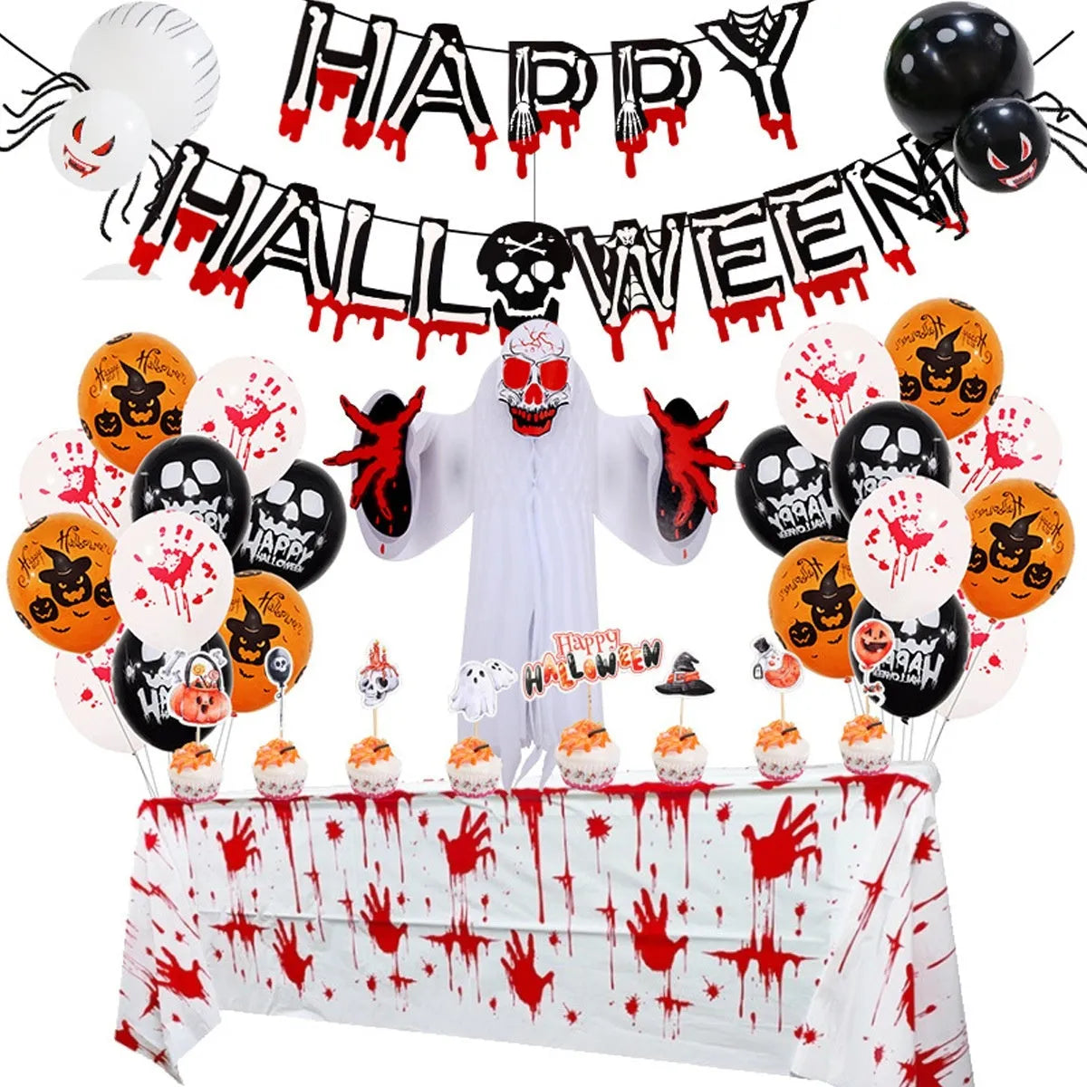 Halloween spider web balloon arch decoration set in white and black latex