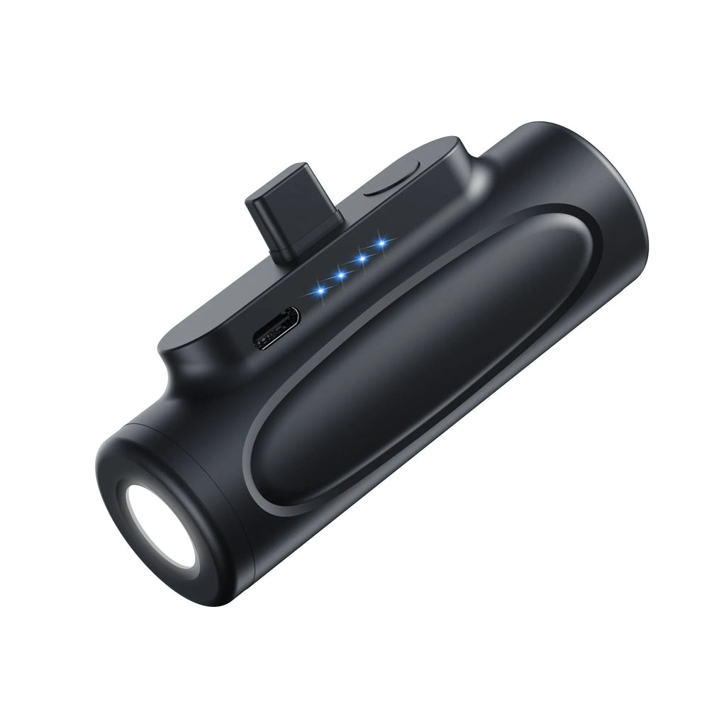 Black and Pink Creative Glare Power Bank with LED flashlight, showing compact 83x27x41mm size.