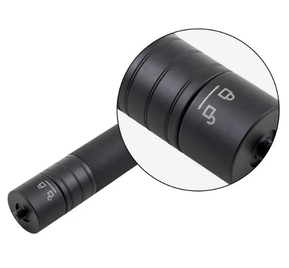 Black retractable selfie stick with phone bracket and anti-shake clip extended for use.