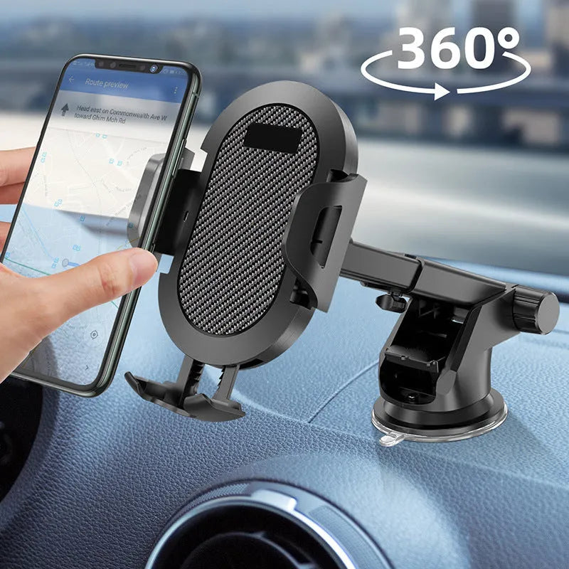 Black and grey auto lock car phone holder mounted on a car air vent, holding a mobile phone.