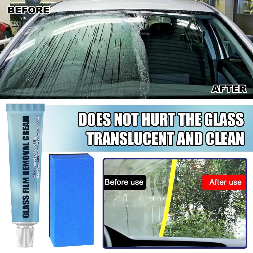 Blue car glass oil film remover with sponge applicator for windshield decontamination