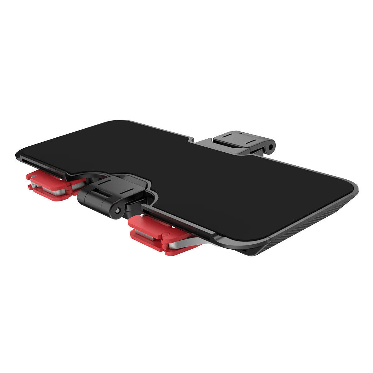 Black mobile phone game controller with adjustable metal trigger and telescopic fixing clip extended.