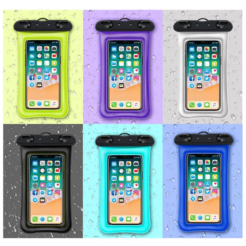 Waterproof phone pouch with neck rope in multiple colour options including orange, black, and blue