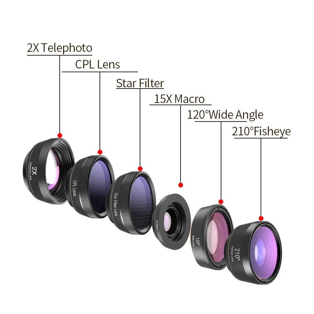 Black 6-in-1 smartphone lens kit with fisheye, wide angle, macro, telephoto, CPL and star filters on universal mounting clip