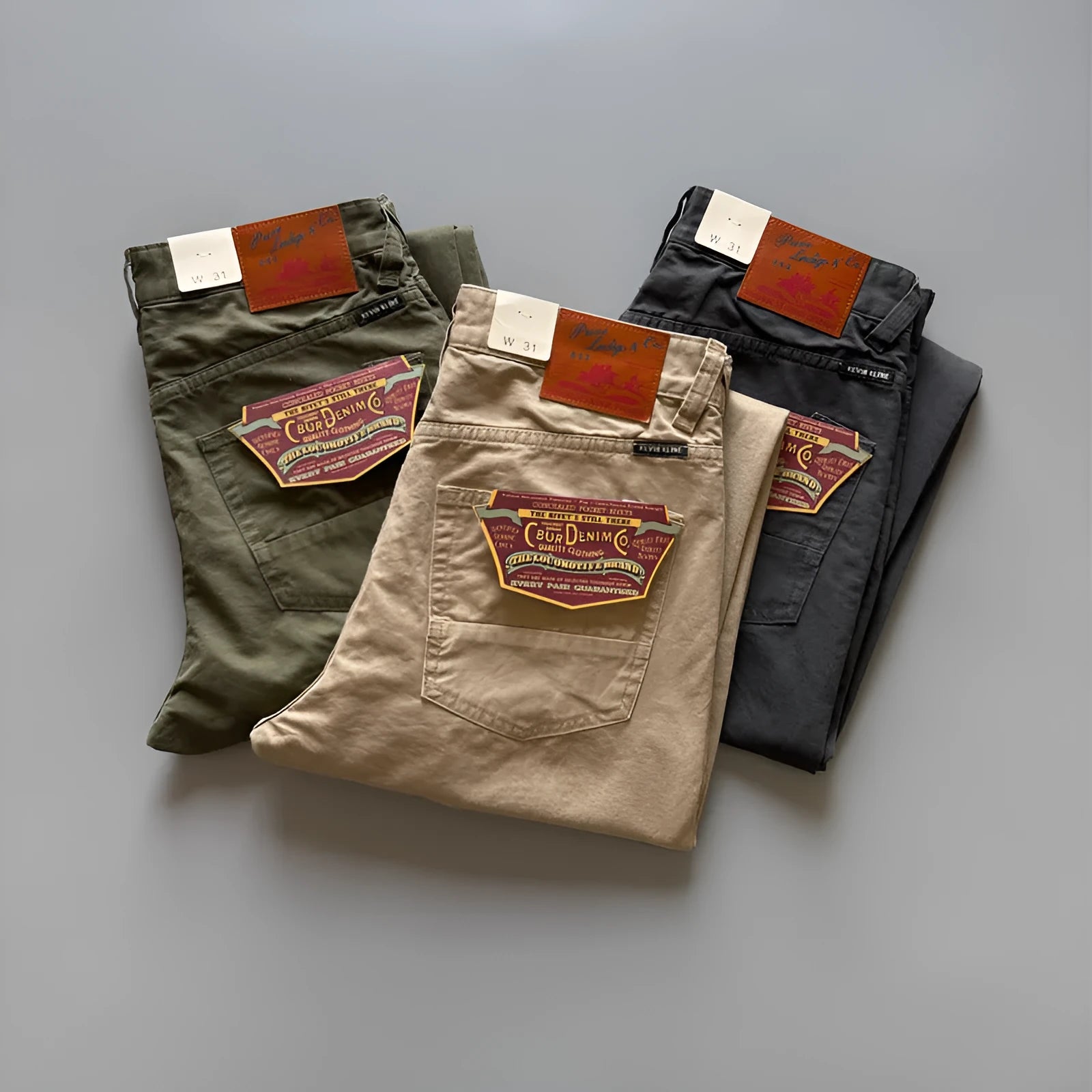 Men's straight-leg casual cotton trousers in army green colour on a mid-waist fit model.
