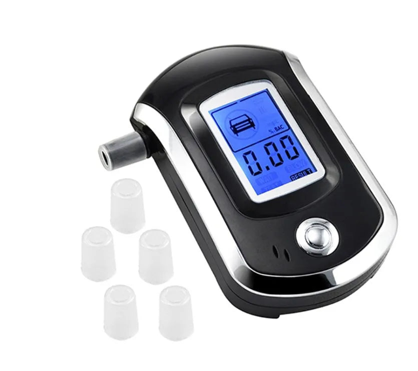 Black portable alcohol breath tester with digital display and mouthpiece attached