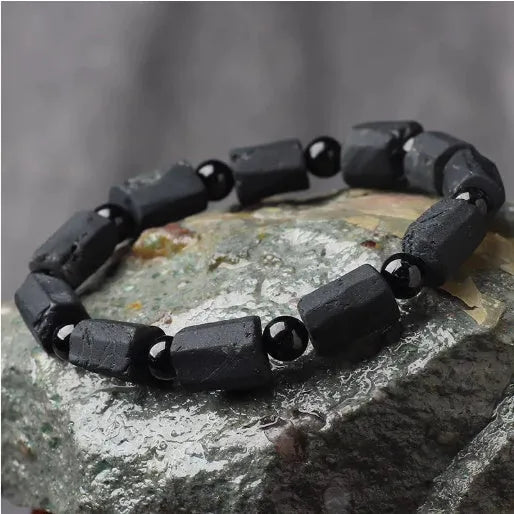 Natural black tourmaline rough stone bracelet with 9mm beads unisex design